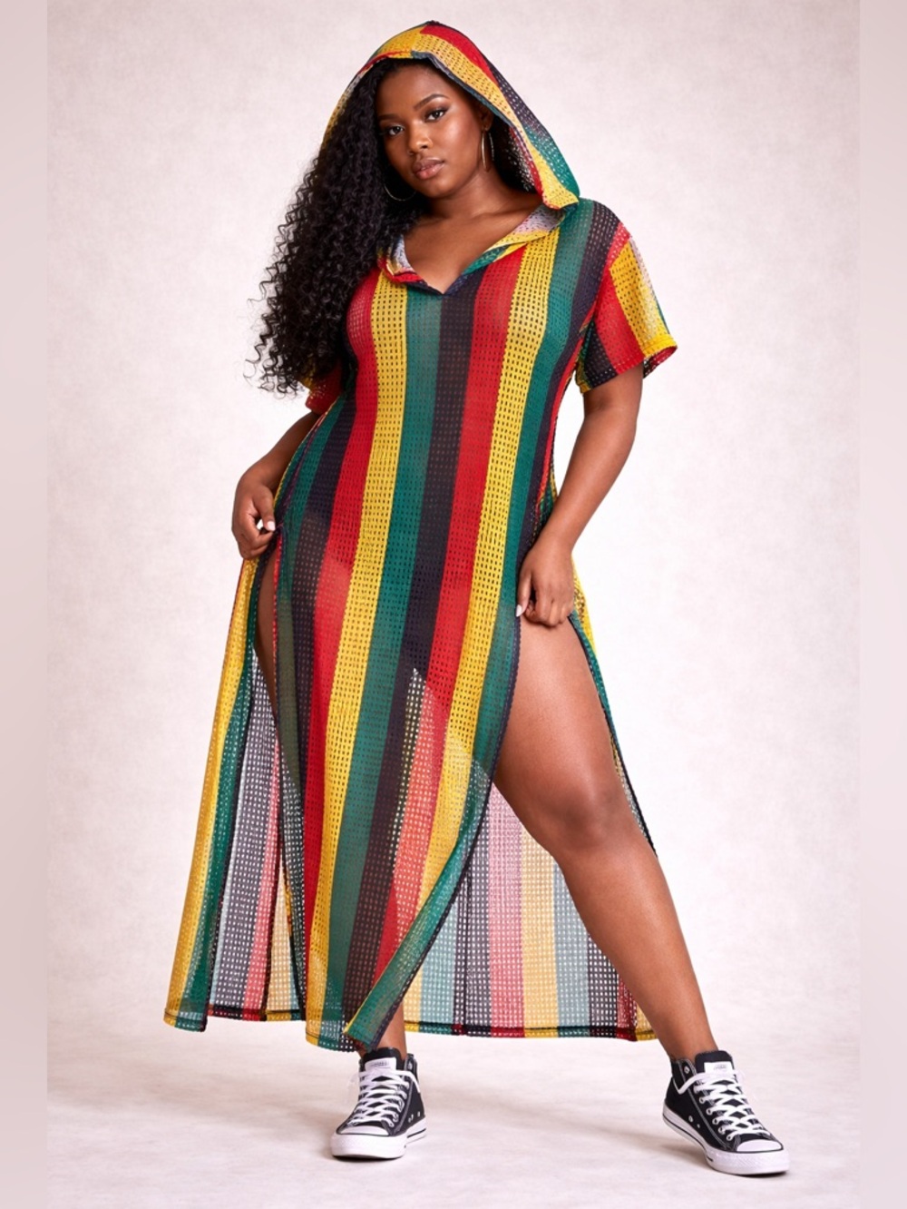 Ashley Stewart Hooded Mesh Swim Cover-Up in Red, Yellow & Green Stripes